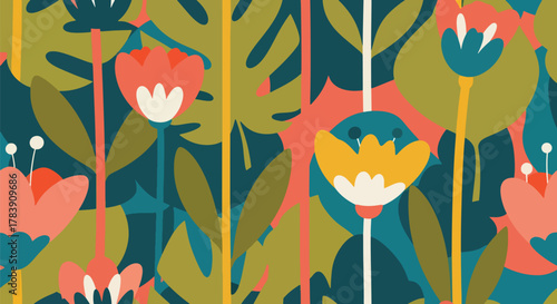 Flat vector wallpaper of chunky floral petals and elongated leaves arranged with balanced spacing. Solid warm tones, seamless repeat, perfect for fabric, wrapping paper, or modern retro products