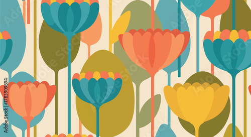 Flat vector wallpaper of chunky floral petals and elongated leaves arranged with balanced spacing. Solid warm tones, seamless repeat, perfect for fabric, wrapping paper, or modern retro products