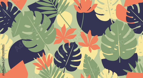Stylized monstera and palm leaf silhouettes forming a retro botanical wallpaper. Solid flat colors, no gradients, seamless pattern ideal for lifestyle packaging and interior wallcoverings