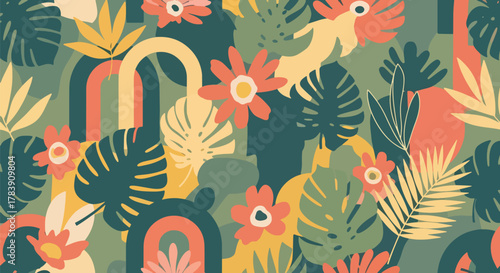 Stylized monstera and palm leaf silhouettes forming a retro botanical wallpaper. Solid flat colors, no gradients, seamless pattern ideal for lifestyle packaging and interior wallcoverings