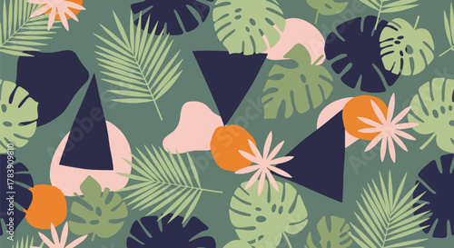 Stylized monstera and palm leaf silhouettes forming a retro botanical wallpaper. Solid flat colors, no gradients, seamless pattern ideal for lifestyle packaging and interior wallcoverings