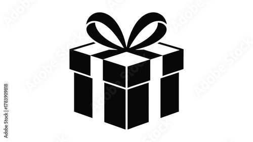 A simple black and white graphic illustration of a gift box with a ribbon and bow presented as a clean silhouette perfect for design elements and celebrations silhouette