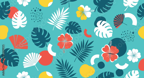 Stylized monstera and palm leaf silhouettes forming a retro botanical wallpaper. Solid flat colors, no gradients, seamless pattern ideal for lifestyle packaging and interior wallcoverings