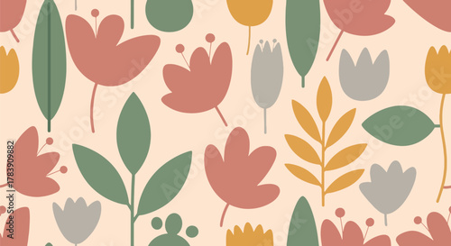 Minimal retro floral wallpaper inspired by Scandinavian style featuring geometric flower silhouettes and soft earthy tones. Flat solid vector shapes, seamless repeat, ideal for interior and textile