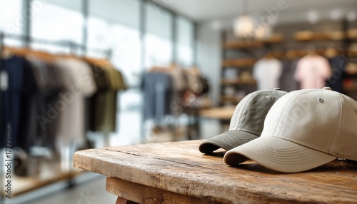 Stylish Hats On Display In A Hat Shop: Showcase Of Caps On Wooden Table With Blurred Clothing Store Background And Copy Space. Shopping Experience.