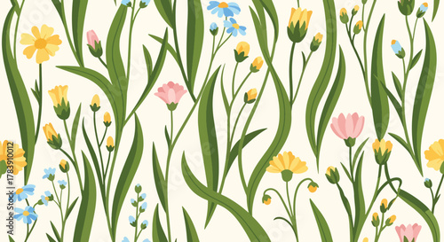 Dense wallpaper of meadow florals and tall thin leaves covering the surface edge to edge. Flat solid color palette with warm retro tones, seamless repeat ideal for wrapping paper and textiles