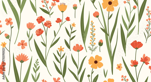 Dense wallpaper of meadow florals and tall thin leaves covering the surface edge to edge. Flat solid color palette with warm retro tones, seamless repeat ideal for wrapping paper and textiles