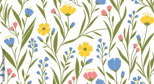 Dense wallpaper of meadow florals and tall thin leaves covering the surface edge to edge. Flat solid color palette with warm retro tones, seamless repeat ideal for wrapping paper and textiles