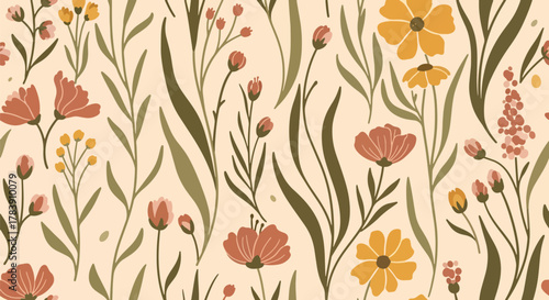 Dense wallpaper of meadow florals and tall thin leaves covering the surface edge to edge. Flat solid color palette with warm retro tones, seamless repeat ideal for wrapping paper and textiles