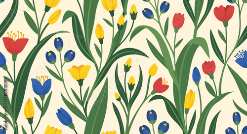 Dense wallpaper of meadow florals and tall thin leaves covering the surface edge to edge. Flat solid color palette with warm retro tones, seamless repeat ideal for wrapping paper and textiles