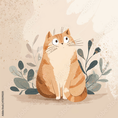 Adorable orange tabby cat illustration with whimsical plant background design