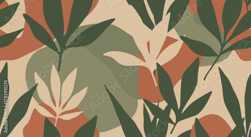 Retro floral camouflage pattern created from overlapping flowers, vines, and leaves. Solid earthy color palette, seamless flat vector wallpaper perfect for bold interior walls and fabric applications