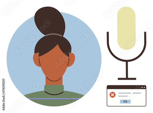 Woman with a top bun next to a microphone icon and error message window. Ideal for voice recognition, app failure, denied access, technology issues, digital communication, authentication, simple flat