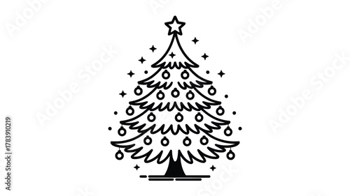 A simple elegant black and white line art silhouette of a decorated christmas tree with a star on top and sparkling lights perfect for holiday designs silhouette