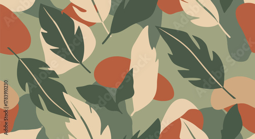 Retro floral camouflage pattern created from overlapping flowers, vines, and leaves. Solid earthy color palette, seamless flat vector wallpaper perfect for bold interior walls and fabric applications