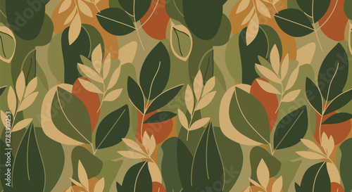 Retro floral camouflage pattern created from overlapping flowers, vines, and leaves. Solid earthy color palette, seamless flat vector wallpaper perfect for bold interior walls and fabric applications