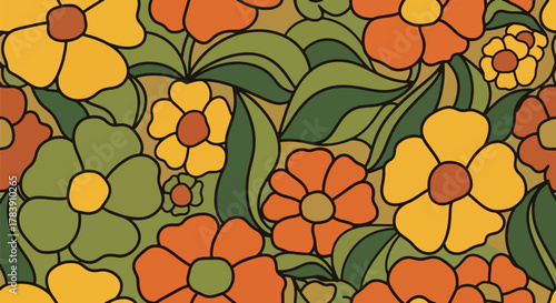 Rounded petals and soft curved stems in a 1970s-inspired floral wallpaper. Solid flat earthy tones, seamless repeat ideal for fashion prints, stationery, upholstery, and retro packaging