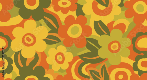 Rounded petals and soft curved stems in a 1970s-inspired floral wallpaper. Solid flat earthy tones, seamless repeat ideal for fashion prints, stationery, upholstery, and retro packaging