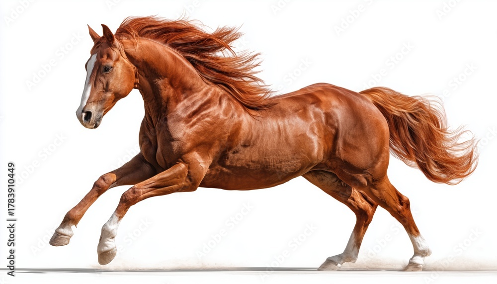 Obraz premium Stunning Red Horse In Full Gallop Over A Jump With Flowing Mane: Majestic Thoroughbred Stallion Standing Out Against White Background.
