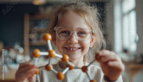 Young Girl Enjoying Hands-On Learning With A Molecular Model In A Chemistry Science Classroom Setting. Experimenting In A Science Laboratory.
