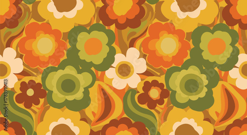 Rounded petals and soft curved stems in a 1970s-inspired floral wallpaper. Solid flat earthy tones, seamless repeat ideal for fashion prints, stationery, upholstery, and retro packaging