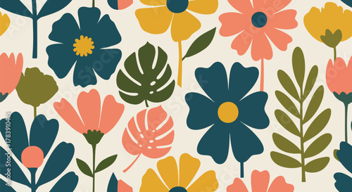 Repeating wallpaper of rounded petals and small scattered leaves, minimal structure with full visual coverage. Solid flat retro colors, seamless pattern ideal for fabric and stationery products