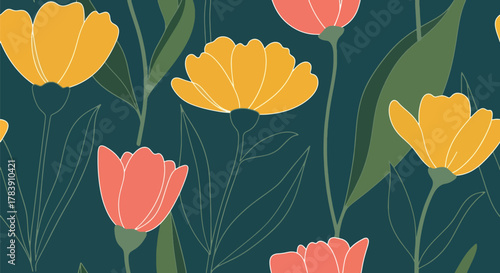 Repeating wallpaper of rounded petals and small scattered leaves, minimal structure with full visual coverage. Solid flat retro colors, seamless pattern ideal for fabric and stationery products