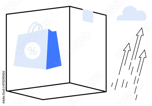 Transparent box containing shopping bag with discount sign, arrows indicating growth, minimal cloud. Ideal for e-commerce, retail success, revenue growth, online shopping, marketing strategy
