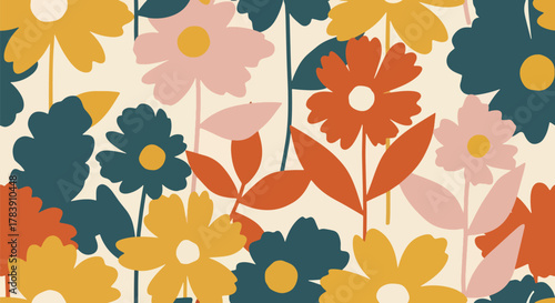 Repeating wallpaper of rounded petals and small scattered leaves, minimal structure with full visual coverage. Solid flat retro colors, seamless pattern ideal for fabric and stationery products