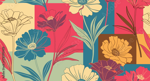 Repeating wallpaper of rounded petals and small scattered leaves, minimal structure with full visual coverage. Solid flat retro colors, seamless pattern ideal for fabric and stationery products