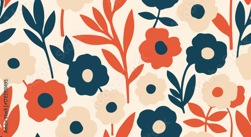 Repeating wallpaper of rounded petals and small scattered leaves, minimal structure with full visual coverage. Solid flat retro colors, seamless pattern ideal for fabric and stationery products