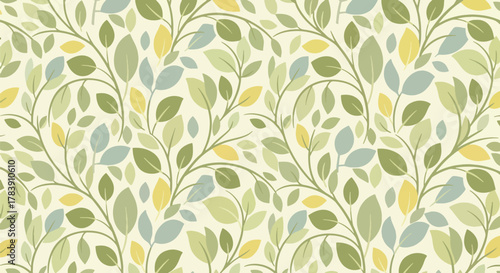 Stylized mid-century floral shapes complemented by simplified leaf. Solid flat vector colors, seamless repeat ideal for wallpapers, product packaging, and home decor surfaces