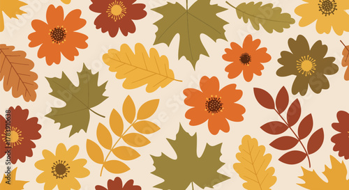 Floral wallpaper with fall-inspired terracotta, mustard, and clay tones. Solid flat vector shapes, seamless repeat, ideal for seasonal packaging, fabric production, and retro-inspired branding