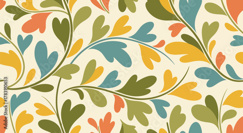 Stylized mid-century floral shapes complemented by simplified leaf. Solid flat vector colors, seamless repeat ideal for wallpapers, product packaging, and home decor surfaces