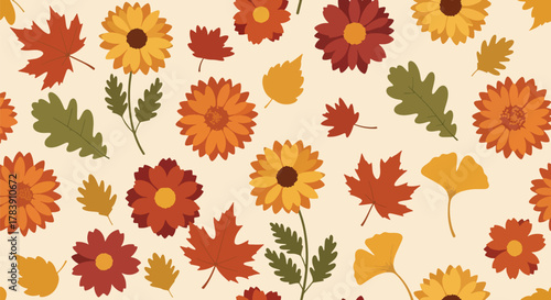Floral wallpaper with fall-inspired terracotta, mustard, and clay tones. Solid flat vector shapes, seamless repeat, ideal for seasonal packaging, fabric production, and retro-inspired branding