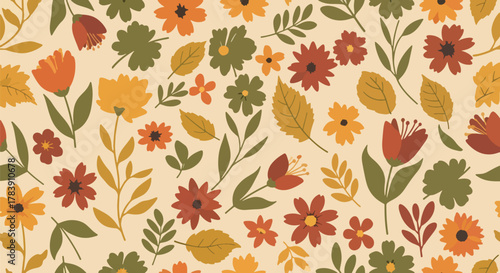 Floral wallpaper with fall-inspired terracotta, mustard, and clay tones. Solid flat vector shapes, seamless repeat, ideal for seasonal packaging, fabric production, and retro-inspired branding