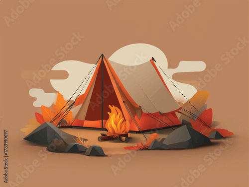 Autumn Camping Adventure with a Tent and Campfire in Nature