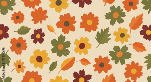 Floral wallpaper with fall-inspired terracotta, mustard, and clay tones. Solid flat vector shapes, seamless repeat, ideal for seasonal packaging, fabric production, and retro-inspired branding