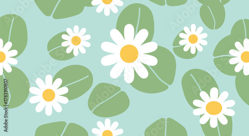 Repeating wallpaper of stylized daisies with thick petals, paired with leaf blocks in warm earth tones. Flat solid fills, seamless repeat perfect for textiles and decorative packaging