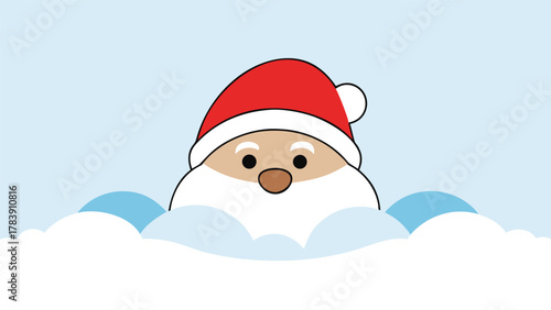 Tableau sur toile Cute cartoon santa claus peeking out from behind fluffy white snowdrifts on a li