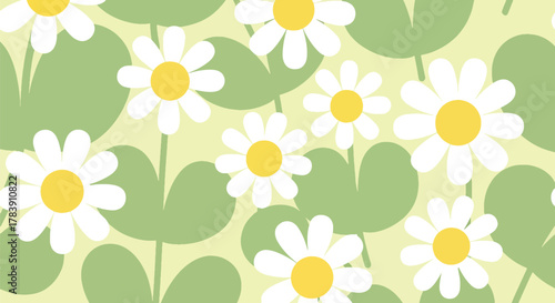 Repeating wallpaper of stylized daisies with thick petals, paired with leaf blocks in warm earth tones. Flat solid fills, seamless repeat perfect for textiles and decorative packaging