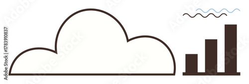 Cloud outline paired with a three-bar graph and wavy lines symbolizing data processing, growth, and trends. Ideal for technology, analytics, data storage, growth tracking, cloud computing