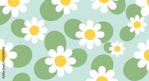 Repeating wallpaper of stylized daisies with thick petals, paired with leaf blocks in warm earth tones. Flat solid fills, seamless repeat perfect for textiles and decorative packaging