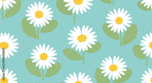 Repeating wallpaper of stylized daisies with thick petals, paired with leaf blocks in warm earth tones. Flat solid fills, seamless repeat perfect for textiles and decorative packaging