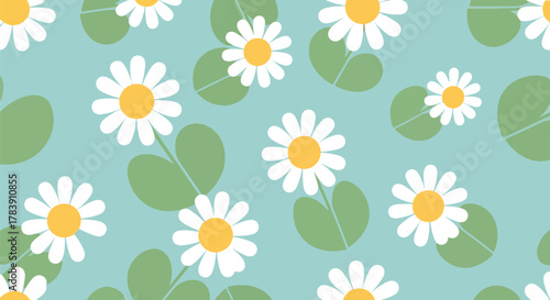 Repeating wallpaper of stylized daisies with thick petals, paired with leaf blocks in warm earth tones. Flat solid fills, seamless repeat perfect for textiles and decorative packaging