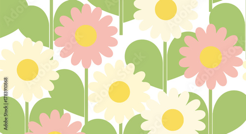 Repeating wallpaper of stylized daisies with thick petals, paired with leaf blocks in warm earth tones. Flat solid fills, seamless repeat perfect for textiles and decorative packaging