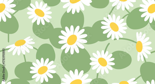 Repeating wallpaper of stylized daisies with thick petals, paired with leaf blocks in warm earth tones. Flat solid fills, seamless repeat perfect for textiles and decorative packaging