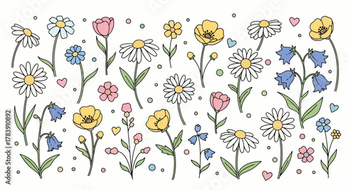 Seamless kawaii floral wallpaper featuring chubby flowers, rounded petals, tiny sparkles and playful leaves in pastel flat solid colors. Cute repeating botanical pattern, ideal for children and statio