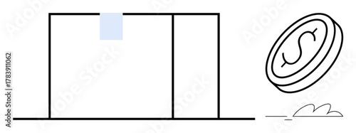 Minimalist design with a building and dollar coin in motion. Ideal for business, finance, real estate, entrepreneurship, stability, investments, decision-making. A simple flat metaphor