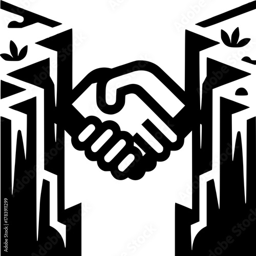 Handshake Silhouette: A stark black and white depiction of a handshake symbolizes agreement, unity, and collaboration, bridging gaps between contrasting elements.